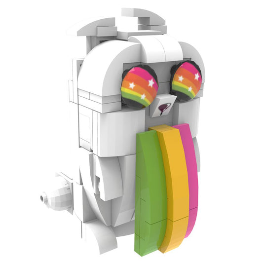 Exploding Kittens Rainbow Ralphing Cat plush with white body, rainbow gradient eyes with star details, and green, yellow, and pink segmented mouth section