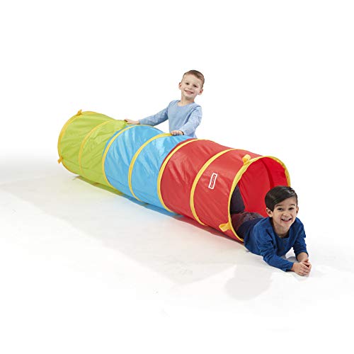 Two children playing in a colorful segmented play tunnel in yellow, blue, and red sections, modeled by children on a plain background