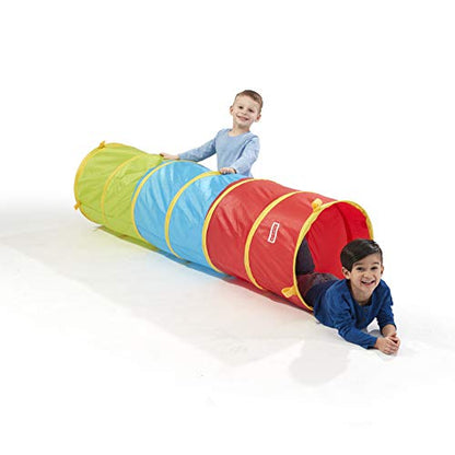 Two children playing in a colorful segmented play tunnel in yellow, blue, and red sections, modeled by children on a plain background