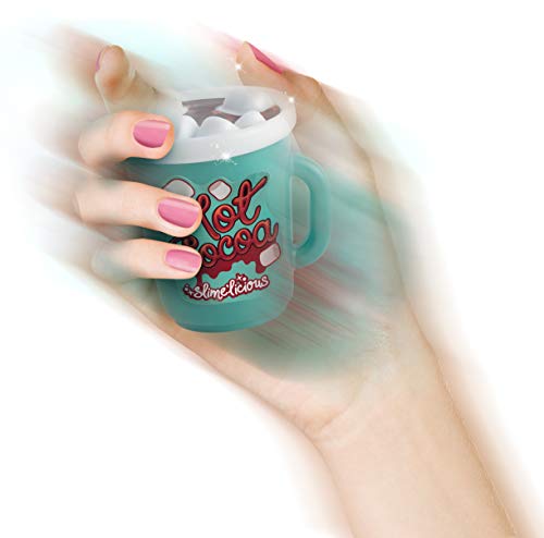 Hands holding turquoise Slimelicious slime kit with white lid, modeled by a child with pink nail polish