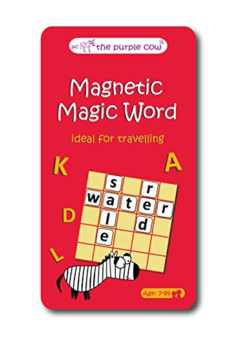 The Purple Cow Magnetic Magic Word travel game on red card backing, featuring a crossword-style word puzzle with magnetic tiles and a zebra illustration