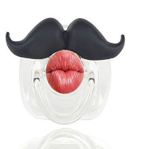 Babystache Kissable Mustache Pacifier with black mustache, clear base, and red lips design