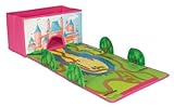 Pink shoe-box-shaped storage container with princess artwork and fold-out play mat featuring a castle garden scene