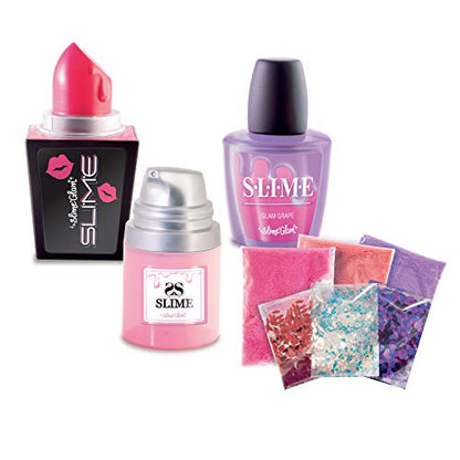 So Slime DIY SlimeGlam cosmetic-themed slime kit with pink lipstick-shaped slime container, pink slime jar, purple slime bottle, and four packets of colorful sl