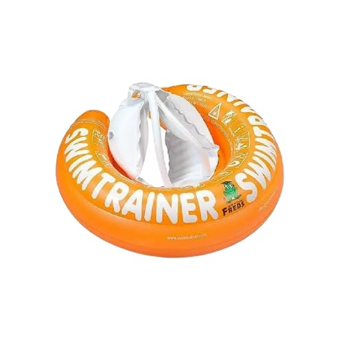 Orange inflatable swim trainer with white handles and text reading 'TRAINER' and 'FREDS', designed for toddler water safety