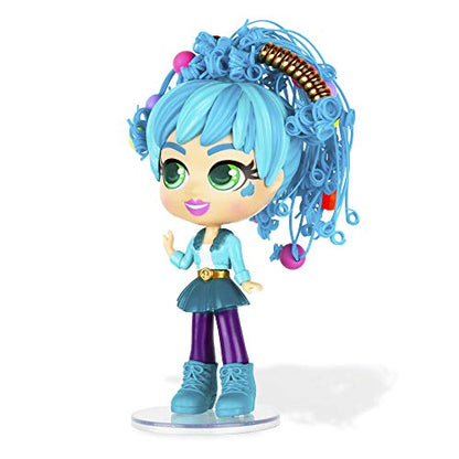 CurliGirls Adeli Deluxe Hairstyling Doll with bright blue curly hair, green eyes, wearing turquoise boots and purple leggings, with colorful hair accessories an
