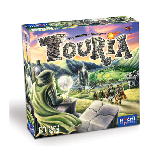 Touria Adventure Board Game box featuring stone lettering, fantasy landscape with castle, wizard character in green cloak, and adventurers on a game board setti