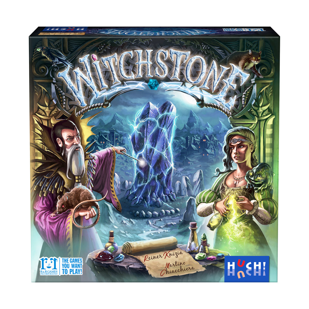 Witchstone board game box featuring fantasy artwork with two wizards flanking a glowing crystal tower, mystical landscape, and game components displayed at bott