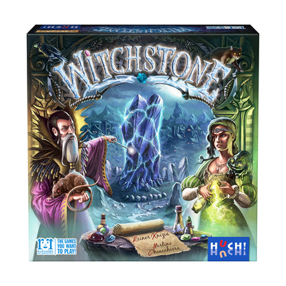 Witchstone board game box featuring fantasy artwork with two wizards flanking a glowing crystal tower, mystical landscape, and game components displayed at bott