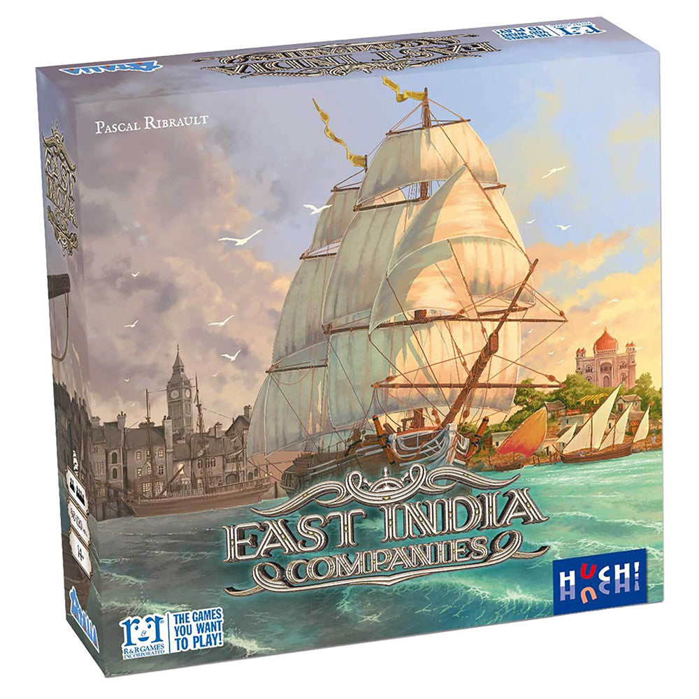 East India Companies Deluxe Edition board game box featuring a large sailing ship with full sails on turquoise water, historic cityscape with Big Ben on left, a