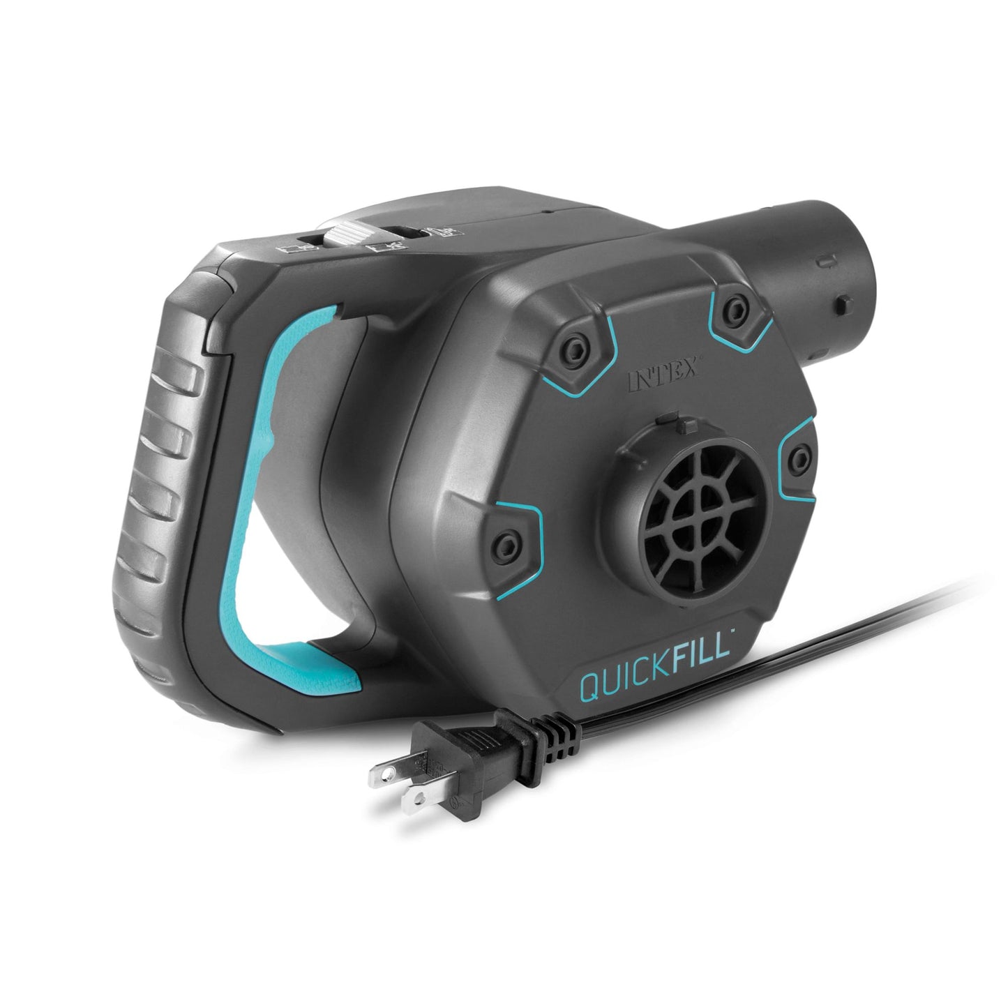 Intex Quick-Fill Deluxe AC electric air pump with handle, black and turquoise design, power cord attached