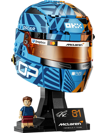 LEGO McLaren F1 Oscar Piastri Helmet building set with blue and orange helmet model and minifigure