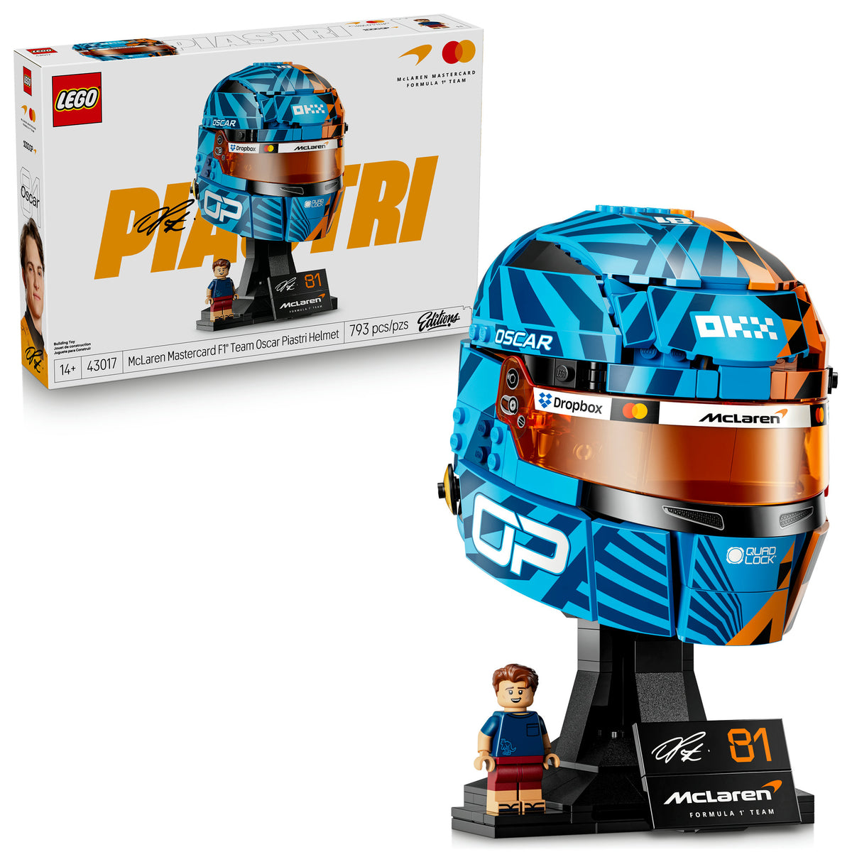 LEGO McLaren F1 Team Oscar Piastri Helmet building set with blue and orange helmet model and minifigure