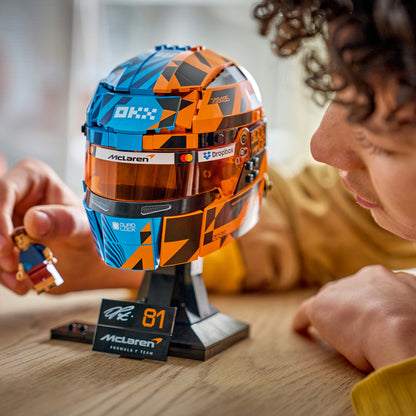 LEGO McLaren F1 Oscar Piastri Helmet building set with blue and orange helmet model and minifigure