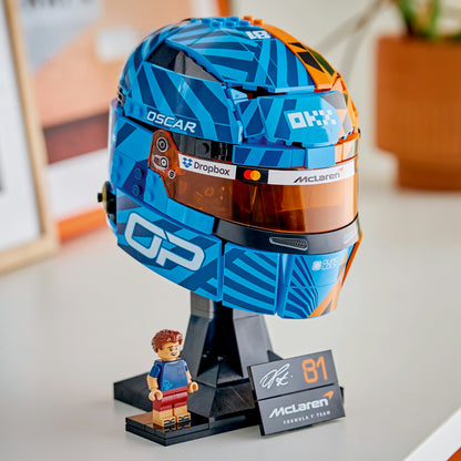 LEGO McLaren F1 Oscar Piastri Helmet building set with blue and orange helmet and minifigure