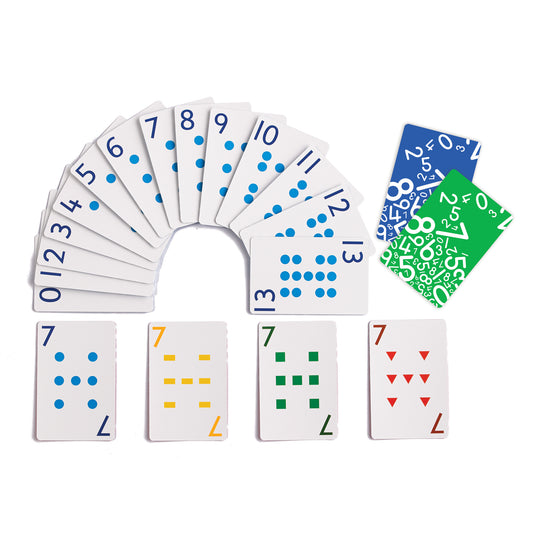 Numeracy Building Playing Cards set showing numbered cards 0-13 with blue dots in fan formation, green cards with numbers, and four individual cards displaying