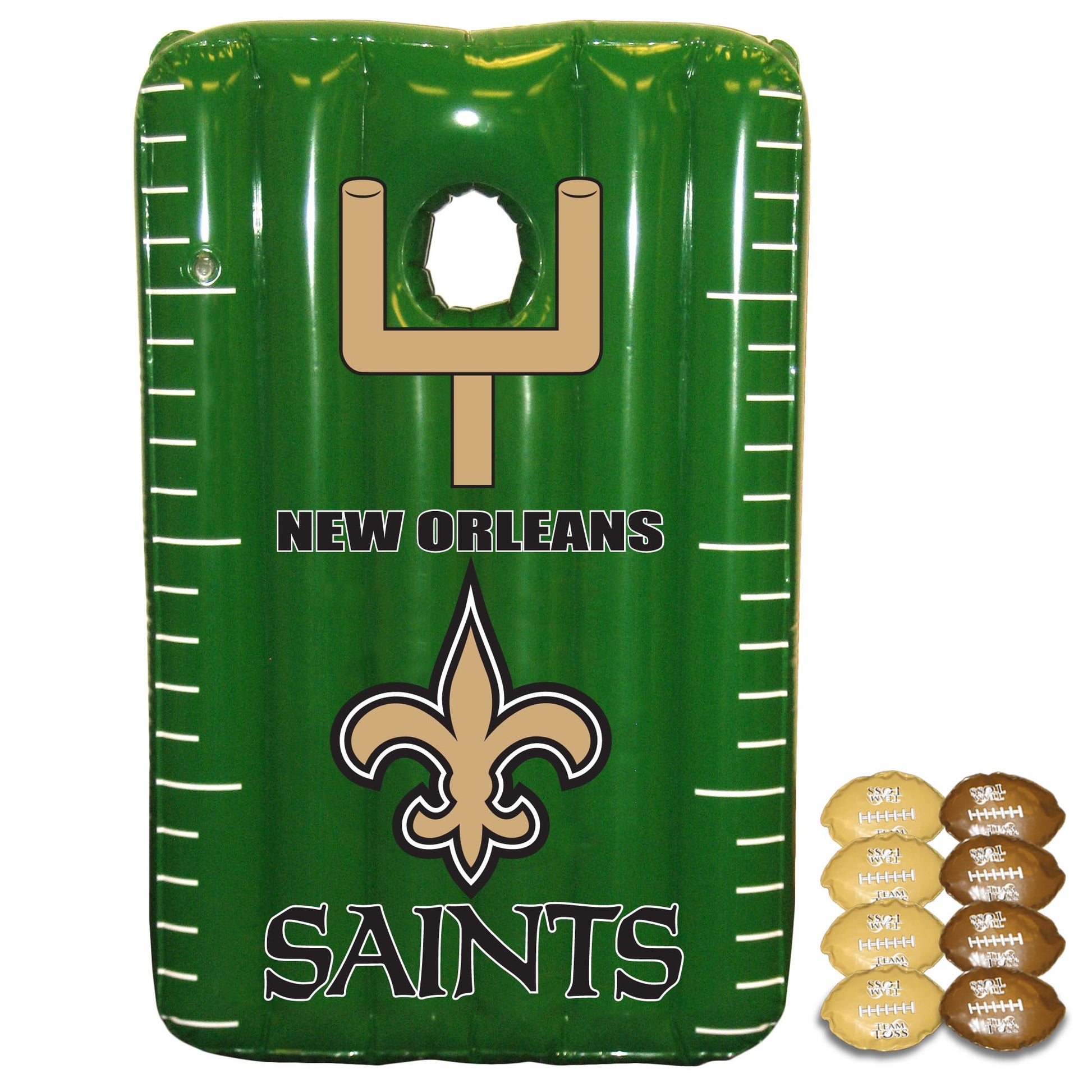 Green inflatable bean bag toss game with New Orleans Saints logo, fleur-de-lis symbol, and football field markings; includes tan and brown bean bags printed wit