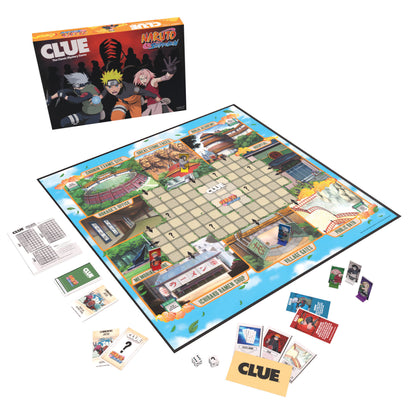Naruto Shippuden CLUE board game with game board, box, character cards, suspect tokens, dice, clue sheets, and instruction cards displayed