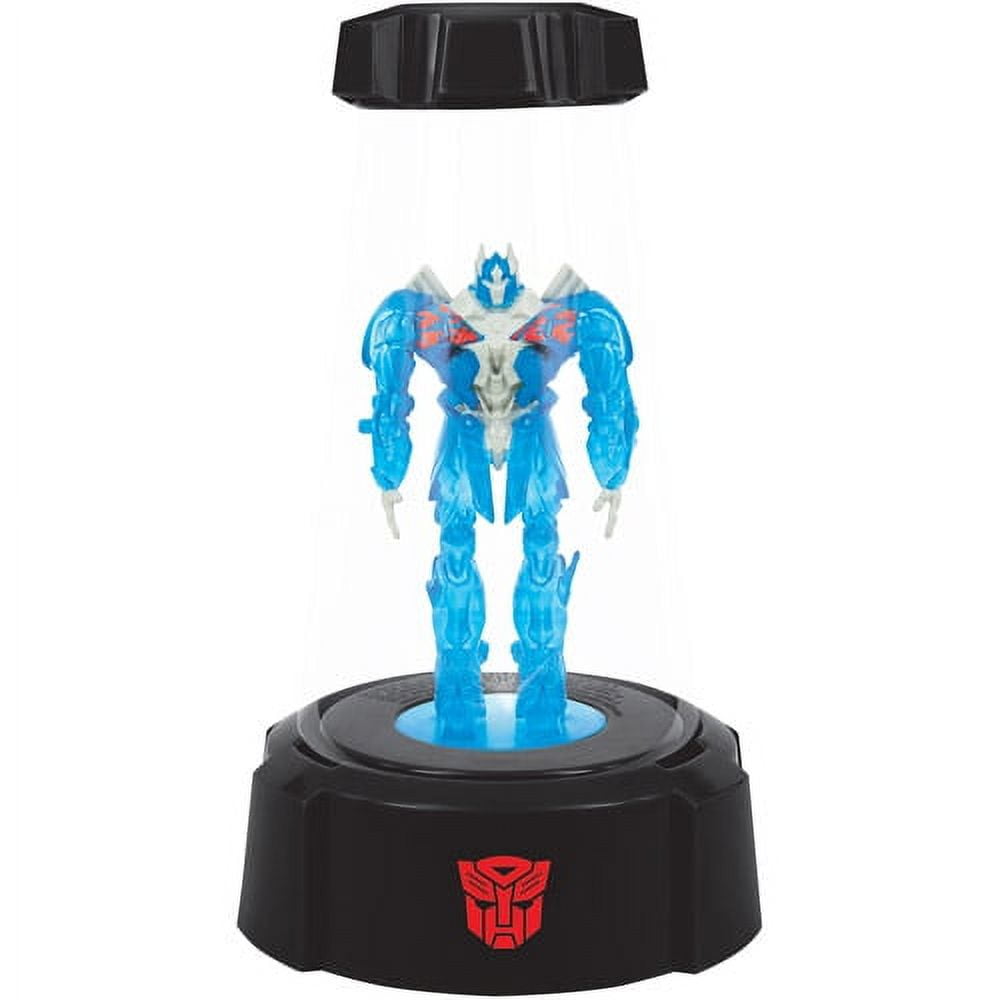 Blue Transformers action figure with white chest plate and red accents on black light-up base with red Autobot logo