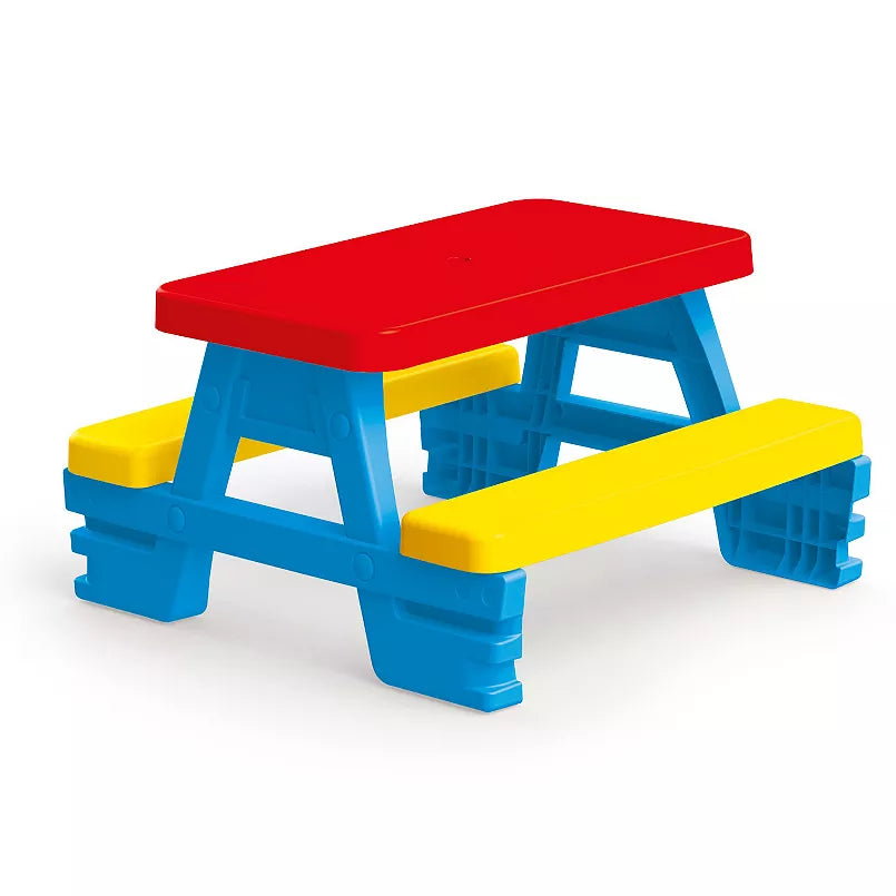 Colorful kids' picnic table set with blue frame, red tabletop, and yellow benches on plain background