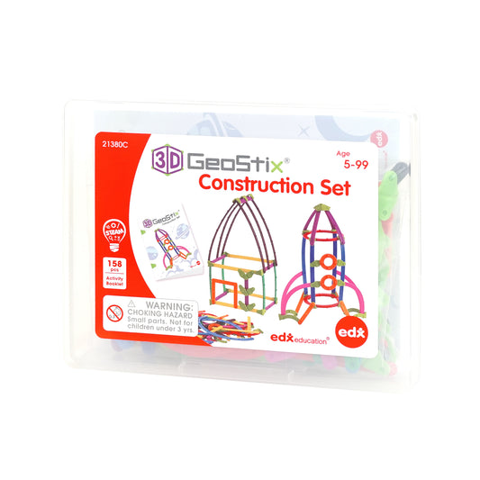 3D GeoStix Construction Set package showing 158-piece building system with colorful rod and connector pieces, includes activity booklet, for ages 5-99