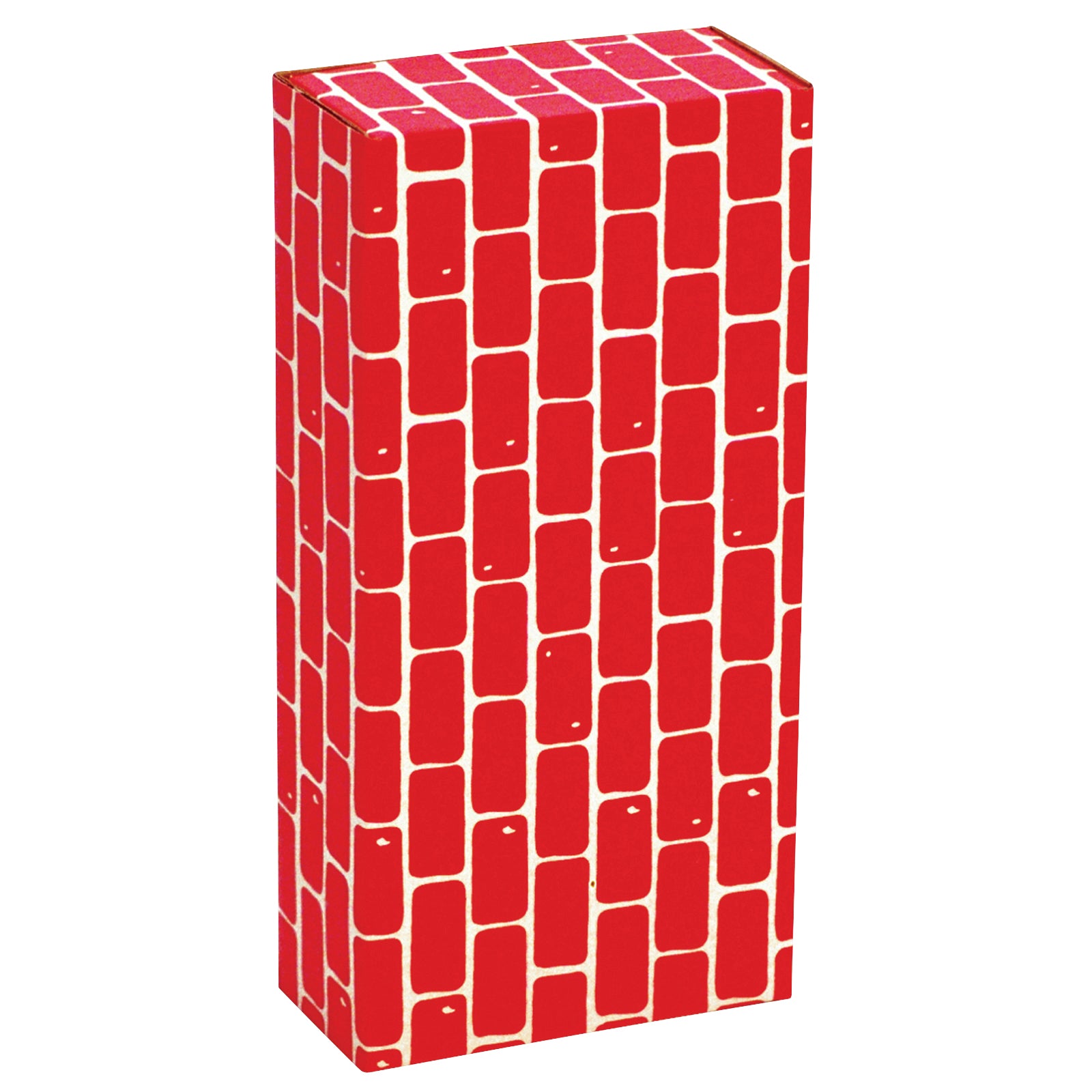 Red cardboard building block with white brick pattern, displayed against plain background