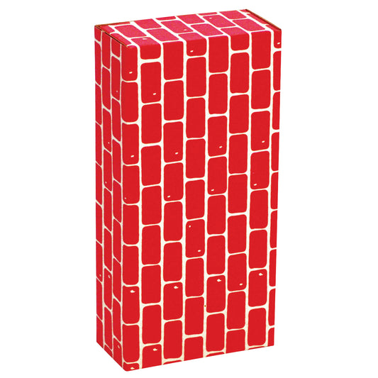 Red cardboard building block with white brick pattern, displayed against plain background