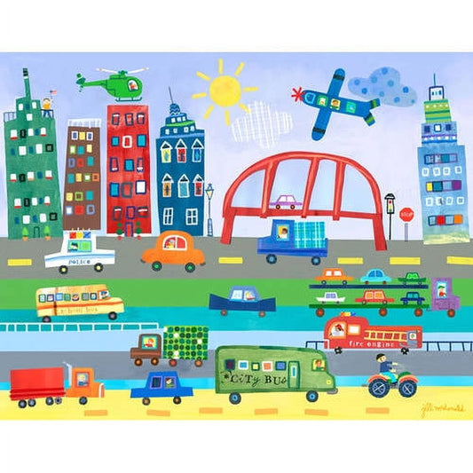Colorful illustrated cityscape with tall buildings, vehicles including police car, fire engine, buses, trains, and a ship on different street levels, green heli
