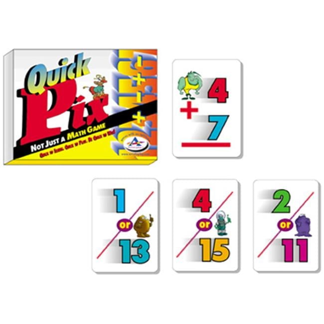 Quick Pix Math Game box and game cards showing number equations and colorful character illustrations
