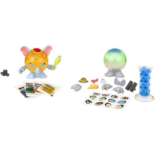 Orbeez Safari Crushkins Craft Kit contents displayed on plain background: yellow elephant character with pink ears holding a brush, green and blue sphere charac