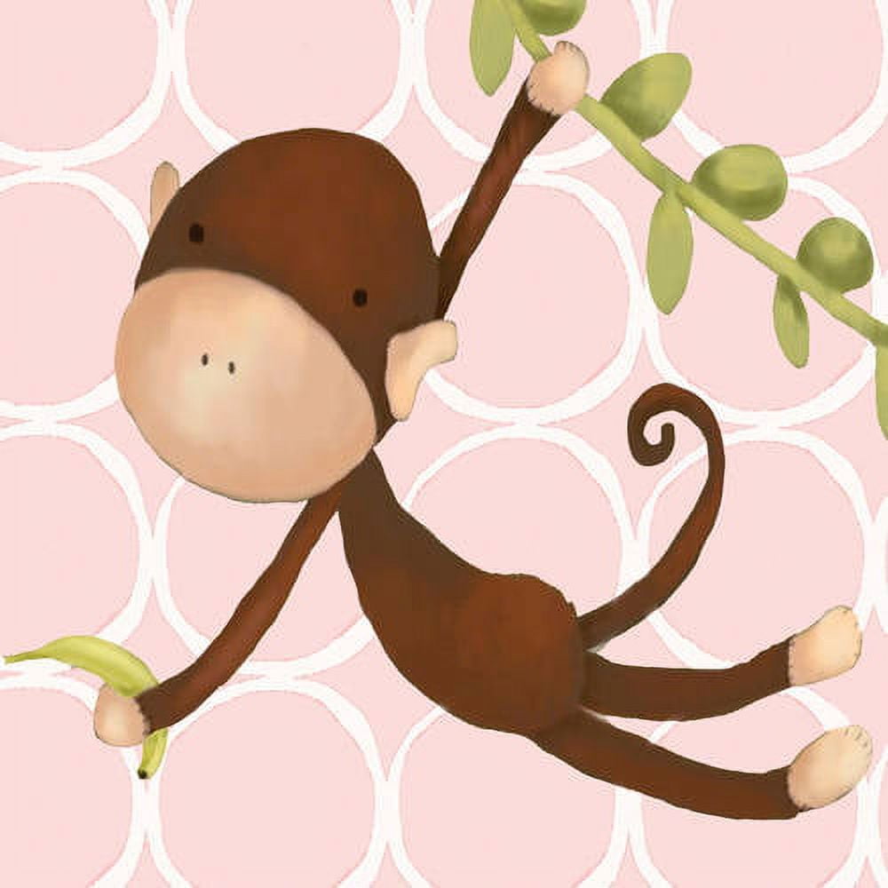 Illustrated brown monkey with large round face reaching for green leaves on pink background with white geometric pattern
