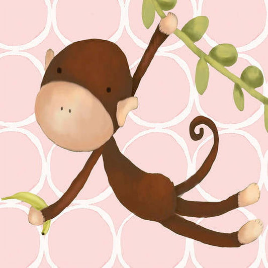 Illustrated brown monkey with large round face reaching for green leaves on pink background with white geometric pattern