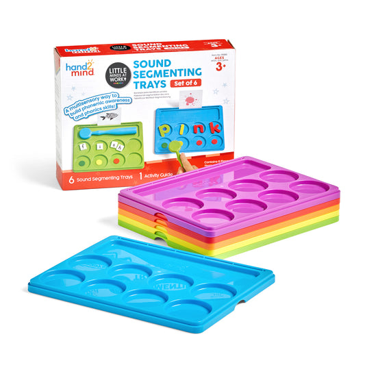 Hand2Mind Sound Segmenting Trays Set of 6 with magnetic wand, six rainbow-colored plastic trays with compartments stacked together, blue tray separated in front