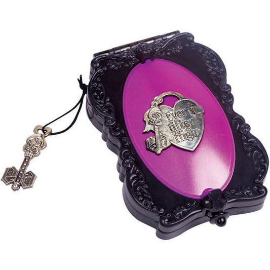 Black ornate compact mirror with hot pink interior and silver metal emblem reading 'Ever After High'