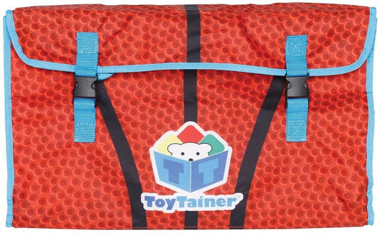 Red quilted storage bag with blue trim and black straps, featuring Toytainer logo with bear and colorful book design