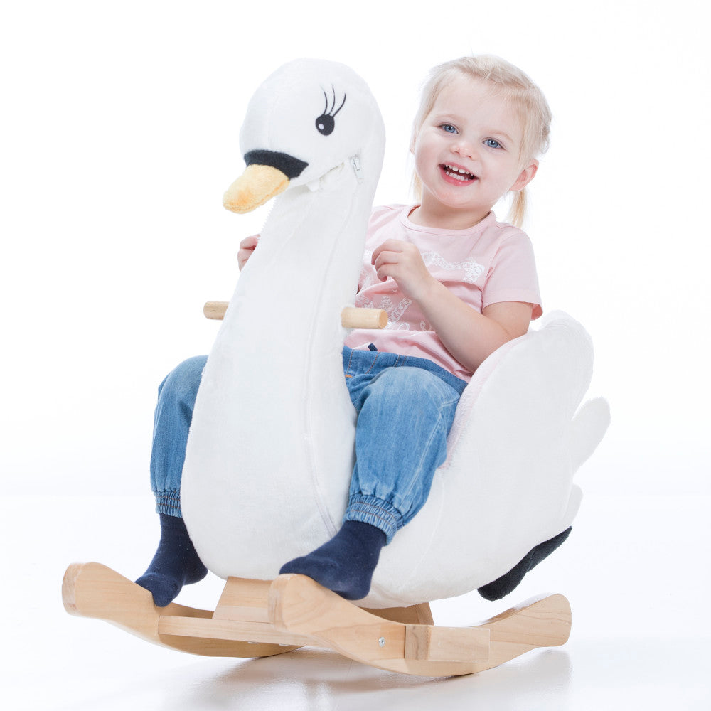 Gerardo's Toys: Little Rockers - Swan - Wooden Plush Ride-On Rocking Animal Toy, Plays Music, Removable Soft Fabric Cover, Toddler & Kids Ages 24mo+