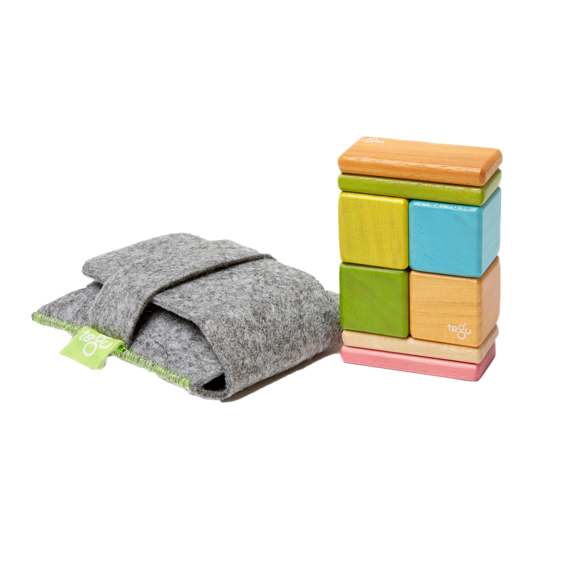 Tegu 8-Piece Magnetic Wooden Block Set with gray felt pouch, featuring colorful wood blocks in orange, green, yellow, blue, and pink on plain background