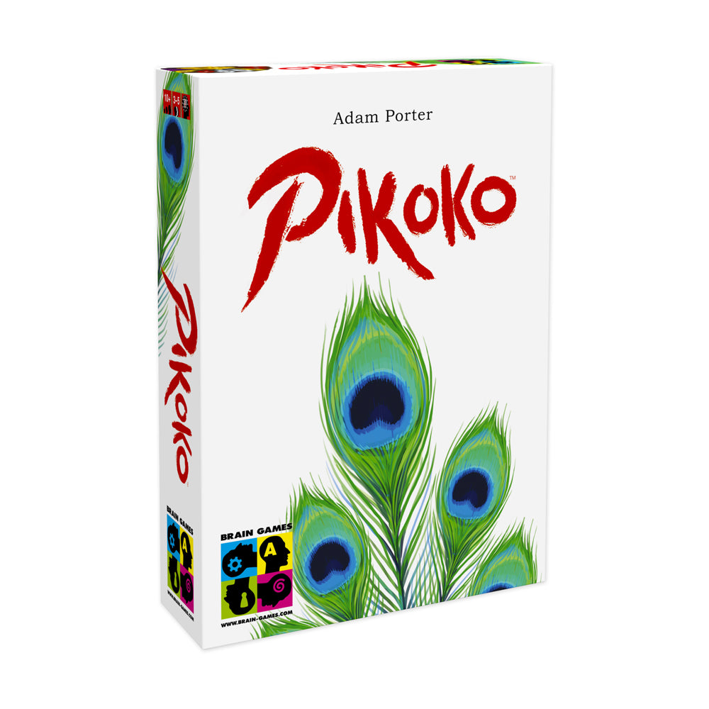 Pikoko board game box by Adam Porter featuring peacock feather design with red title text and Brain Games logo