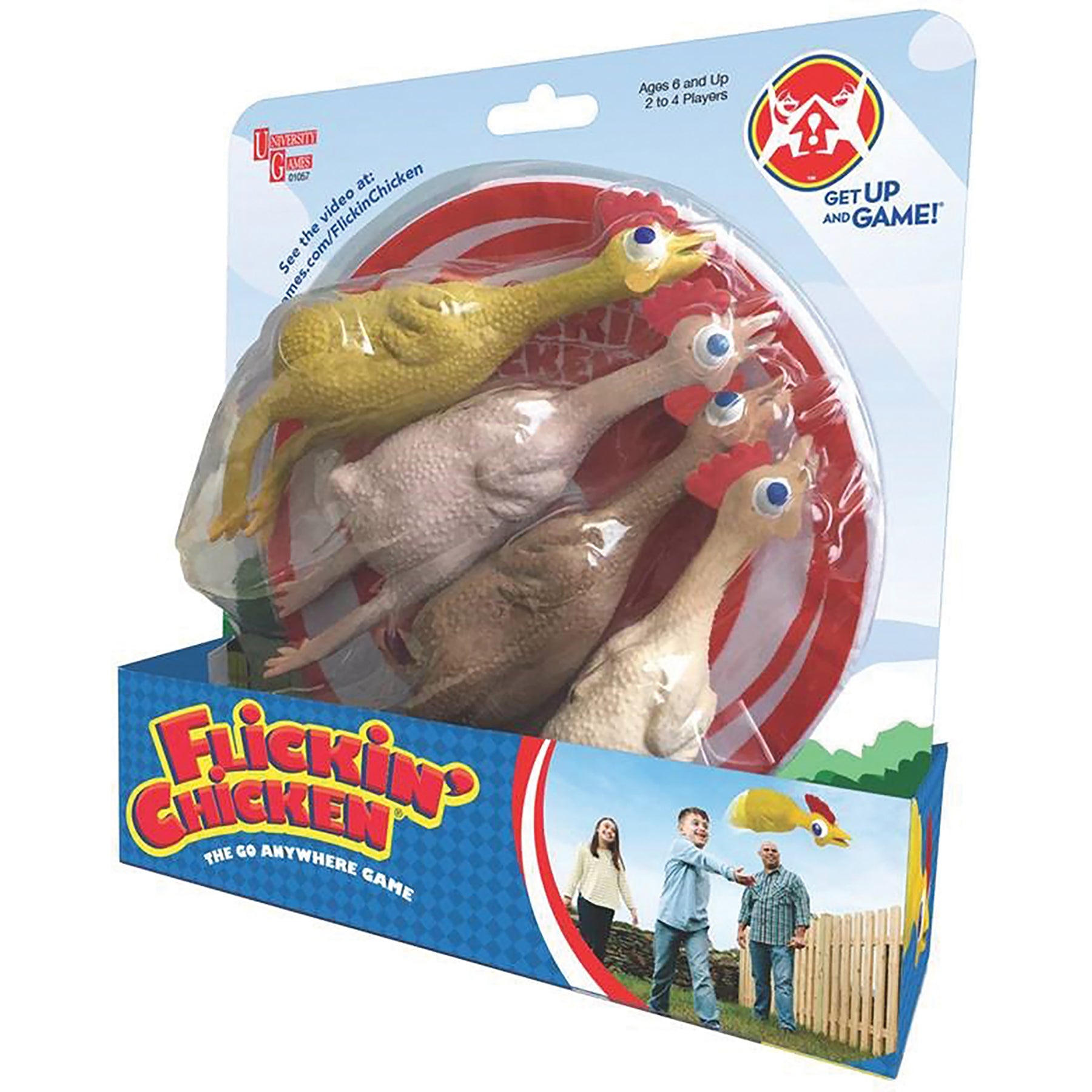 Flickin' Chicken outdoor game package showing yellow and gray chicken figurines with googly eyes and red game board, ages 6 and up for 2 to 4 players