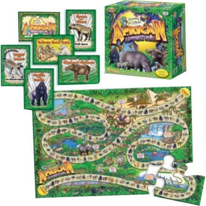 African Adventure Bilingual Jungle Puzzle Game box and contents showing animal cards, game board with winding path, and colorful jungle theme with wildlife illu