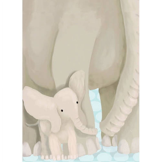Cream-colored elephants standing together in snow, adult elephant behind baby elephant, illustrated canvas art
