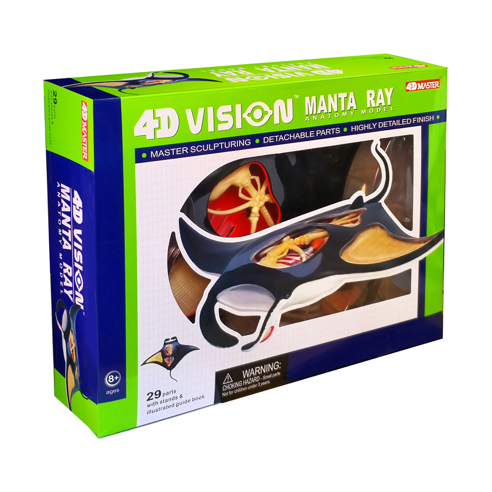 4D Vision Manta Ray Anatomy Model Kit box showing assembled model with detachable internal organs and parts, 29 pieces with stands and illustrated guide
