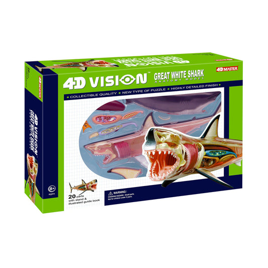 4D Vision Great White Shark Anatomy Model Kit box showing assembled shark model with internal organs visible and 20 detailed plastic parts