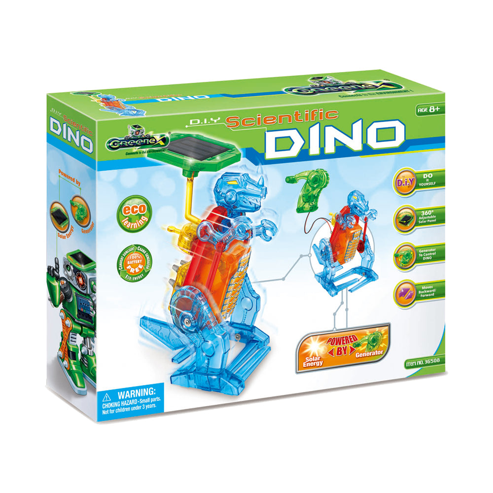 Greenex DIY Scientific Dino solar-powered robotic kit with blue transparent dinosaur figure, orange torso, solar panel on top, control remote, and educational p