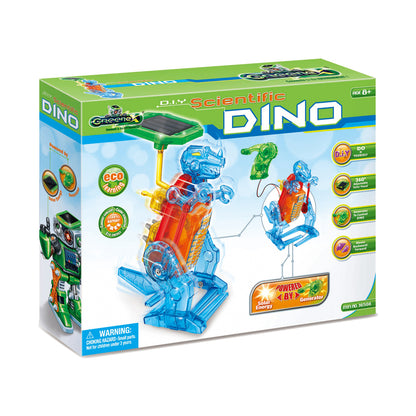 Greenex DIY Scientific Dino solar-powered robotic kit with blue transparent dinosaur figure, orange torso, solar panel on top, control remote, and educational p