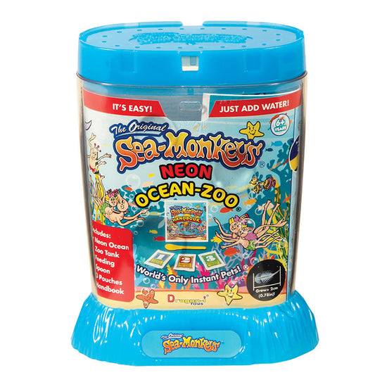 Sea-Monkeys Neon Ocean Zoo Kit in blue container with lid, includes tank, water pouches, and instruction handbook
