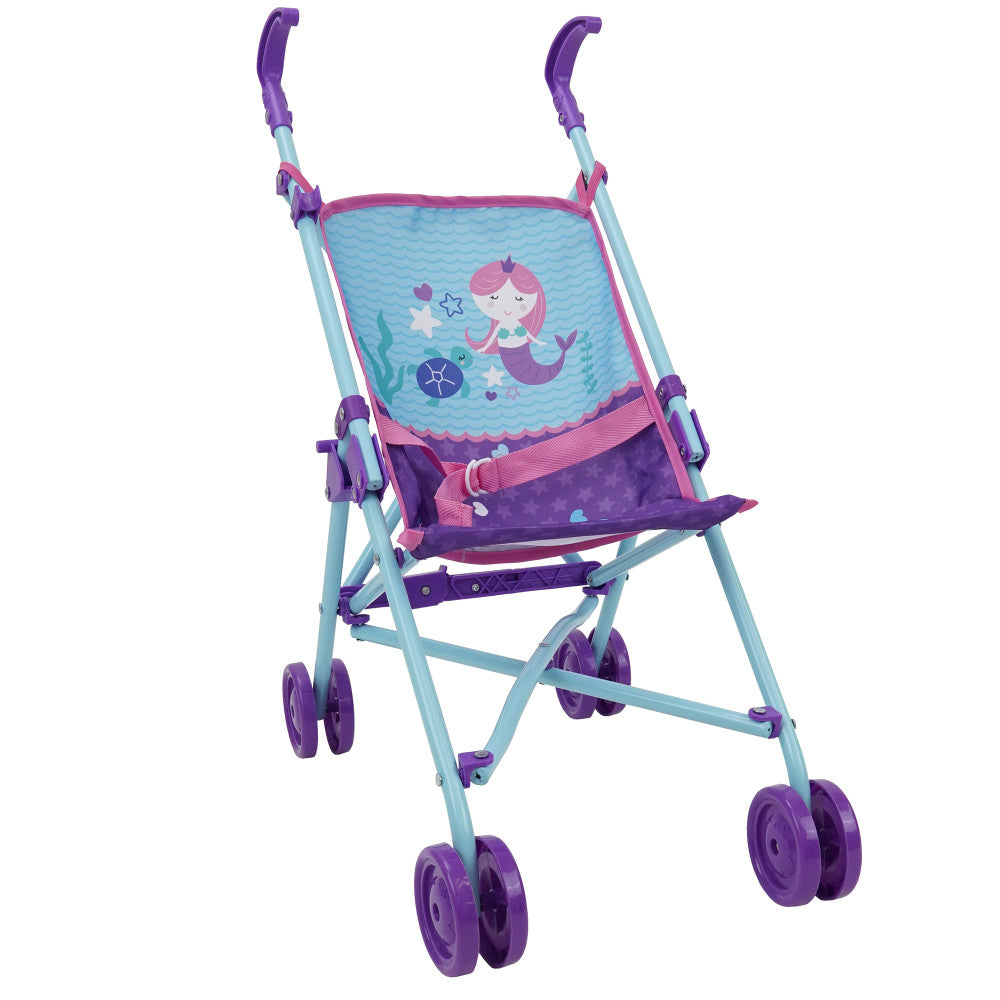 Light blue umbrella stroller with purple handles and wheels, featuring a mermaid illustration and ocean-themed design on the canopy and seat