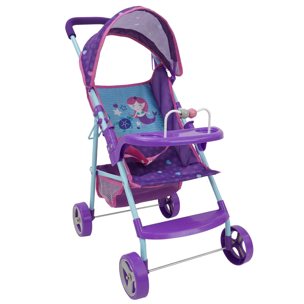 Purple and teal doll stroller with mermaid design, canopy hood, purple wheels, tray accessory, and storage basket