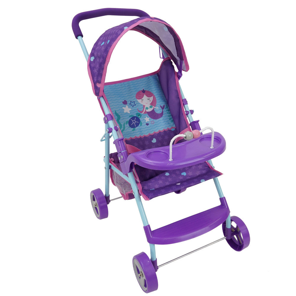Purple and teal doll stroller with mermaid design, featuring a canopy, removable tray, and rolling wheels