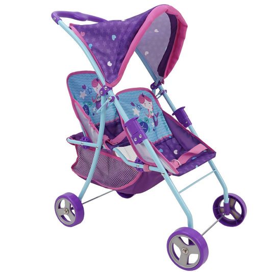 Purple and pink twin doll stroller with light blue frame, mermaid-themed seat fabric, dual canopies, and purple wheels on plain white background